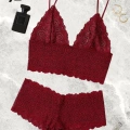 Bordo Dantel Bralet Şort Takımı Askılı Şık Kadın Ev Giyim