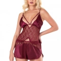 Bordo Saten Babydoll Şort Takımı