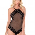 Dantel İşlemeli Siyah File Tül Bodysuit