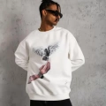 Erkek Güvercin Baskılı Sweatshirt - Beyaz
