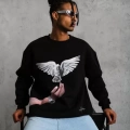 Erkek Güvercin Baskılı Sweatshirt - Siyah