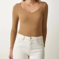 Fitilli Likralı Body Crop - Camel