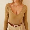 Fitilli Likralı Body Crop - Camel