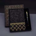 Gold Desen Siyah Deri Defter Kalem Set