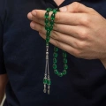 Gümüş Püsküllü Yeşil Ateş Kehribar Tesbih