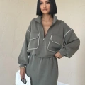 Haki Biyeli Sweatshirt Ve Etek Takım