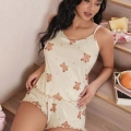 Kadın Bej Ayıcık Desenli Örme Yazlık Şort Takım 5199