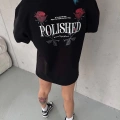 Kadın Bisiklet Yaka Baskılı kısa kol Oversize T-Shirt - Siyah