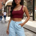 Kadın Bordo Kalın Askılı Crop Top Büstiyer Esnek Kumaş Şık Basic Kadın Üst Giyim