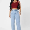 Kadın Bordo Modern Fit Kare Yaka Crop Top Bluz