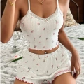 Kadın Çiçek Desenli Dantel Askılı Şortlu Pijama Takımı 5235