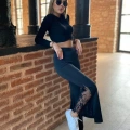 Kadın Dantel Eklemeli Ispanyol Paça Scuba Tayt Pantalon