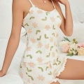 Kadın Ekru Çiçek Baskılı Şortlu Gecelik Pijama Takımı 5047