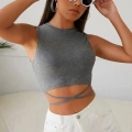 Kadın Gri Modern Fit Çapraz Bağlamalı Crop Top Büstiyer