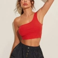 Kadın Kırmızı Fit Görünümlü Tek Omuz Crop Top Büstiyer