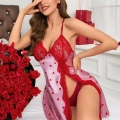 Kadın Kırmızı kalp Desenli saten Gecelik 2220