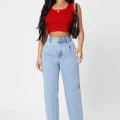 Kadın Kırmızı Kare Yaka Crop Top Bluz