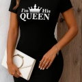 Kadın Kısa Kollu Queen Baskı Iki Iplik Mini Elbise