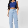 Kadın Lacivert Kare Yaka Crop Top Bluz