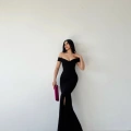 Kadın Madonna Yaka Ithal Krep Maksi Boy Elbise