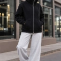 Kadın Maskeli Ninja Model Çift Kapüşonlu 3 İplik Şardonlu Fermuarlı Oversize Sweatshirt - Siyah