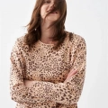 Kadın Oversize Bej Leopar Desenli Pamuklu Kalın Pijama Takımı