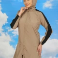 Kadın Pantolonlu Kolu Şeritli Tam Tesettür Mayo Bej