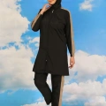Kadın Pantolonlu Kolu Şeritli Tam Tesettür Mayo Siyah
