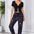 Kadın Siyah Çift Fermuarlı Modern Yarım Kol Crop Top Bluz