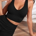 Kadın Siyah Derin Göğüs Dekolteli Şık Crop Top Bluz