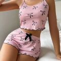 Kadın Siyah  Fiyonklu Şortlu Takım Mini Pembe Rahat