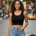 Kadın Siyah Modern Fit Kare Yaka Crop Top Bluz