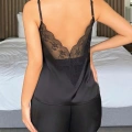 Kadın Siyah  Şort Askılı Dantel Üst Pijama Takımı 2233