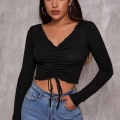 Kadın Siyah Uzun Kol Drapeli Bağcık Detaylı Crop Top Bluz