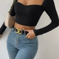 Kadın Siyah Uzun Kol Göğüs Dekolteli Şık Crop Top Bluz
