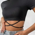 Kadın Siyah Yarım Kol Çapraz Bağlamalı Crop Top Bluz