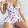 Kadın Vişne Desenli Dantel İşlemeli Şık Body