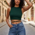 Kadın Yeşil Modern Fit Çapraz Bağlamalı Crop Top Büstiyer