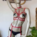 Kırmızı Deri Göğüs Üzeri Harness Ve Jartiyer Harness