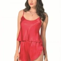Kırmızı Saten Babydoll Şort Takımı