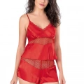 Kırmızı Saten Babydoll Şort Takımı
