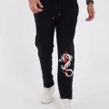 Kışlık Üç İplik Baskılı Eşofman Pantolon - Siyah