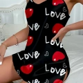 Love Desenli Siyah Saten Gecelik