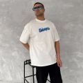 Ön Ve Arka Baskılı Oversize Bisiklet Yaka T-shirt- Beyaz