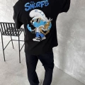 Ön Ve Arka Baskılı Oversize Bisiklet Yaka T-shirt- Siyah