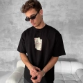 Ön Ve Arka Baskılı Oversize Bisiklet Yaka T-shirt - Siyah