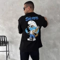 Ön Ve Arka Baskılı Oversize Bisiklet Yaka T-shirt- Siyah