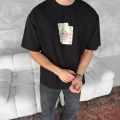 Ön Ve Arka Baskılı Oversize Bisiklet Yaka T-shirt - Siyah