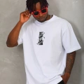Oversize Baskılı Bisiklet Yaka T-Shirt - Beyaz -