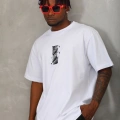 Oversize Baskılı Bisiklet Yaka T-Shirt - Beyaz -
